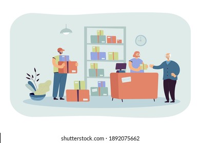Paquete de entrega al cliente por parte del trabajador de correos. Hombre mayor recibiendo correo. Ilustración de vectores para servicio de entrega, franqueo, comunicación, concepto de envío
