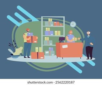 Post office worker giving package to customer. Senior man receiving mail. Vector illustration for delivery service, postage, communication, shipment concept