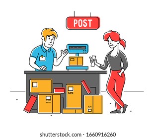 Trabajador de correos coloca el paquete Carton en las escalas para el peso. Logística de Almacenamiento de Almacén, Servicio de Transporte de Entrega. Distribución de mercancías y mercancías. Ilustración de vectores planos de caricatura, arte de línea
