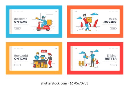 Post Office Workers and Clients Characters Landing Page Template Set. People Receiving and Sending Mail, Postman Weigh and Deliver Packages to Customers, Mailman on Scooter. Linear Vector Illustration