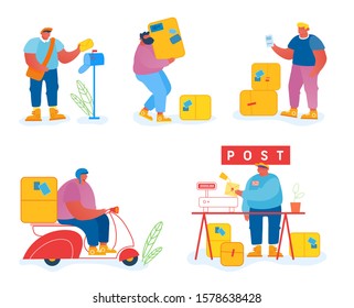 Post Office Workers and Clients Set Isolated on White Background. People Receiving and Sending Mail, Postmen Weigh and Delivering Packages to Customers on Scooter. Cartoon Flat Vector Illustration