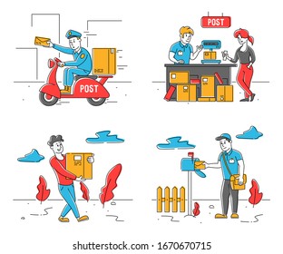 Conjunto de empleados y clientes de la oficina de correos. Personas que reciben y envían correo, Postman Weigh y entregan paquetes a los clientes. Mailman Riding en Scooter. Ilustración de vectores planos de caricatura, lineal