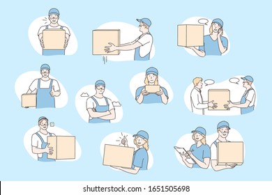 Post office workers, deliverer set concept. Collecton of illustrations of young post office workers men and women delivering parcel or order in carton box with express delivery. Simple flat vector