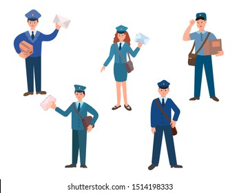 Post office workers, postmen and postwoman with envelopes and parcels in uniform. Vector Illustration on white background.