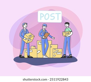 Post office workers serving male customer flat vector illustration. Postmen shipping, delivering or collecting parcels. Client giving parcel to man. Delivery department and logistic concept.