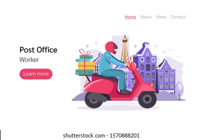Post office workers shipping letters. Postman work courier with bag on scooter  delivering correspondence, letters to the addressee cartoon vector illustration