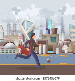 Post office workers shipping letters. Postman work courier running with a bag of letters through a dusty, polluted city. Environmental pollution by industrial waste cartoon vector illustration