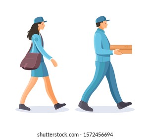 Post office workers shipping letters. Group of postmen man and woman deliver letters and parcels to the addressee, delivering correspondence. Mail delivery service cartoon vector illustration