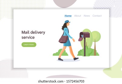 Post office workers shipping letters. Postman woman work courier running with a bag of letters, delivering correspondence, letters to the addressee. Mail delivery service cartoon vector illustration