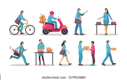 Post office workers shipping letters, parcel set. Postman work courier with bag on bicycle scooter running delivering correspondence, letters to the addressee cartoon vector illustration