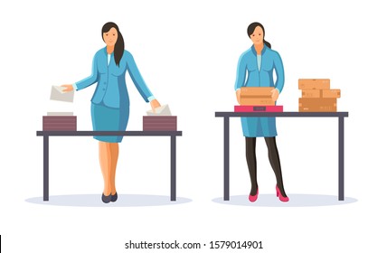 Post office workers shipping letters and parcels. Group of postmen woman sort and send mail letters and parcels to the addressee, delivering correspondence. Mail delivery service cartoon vector 