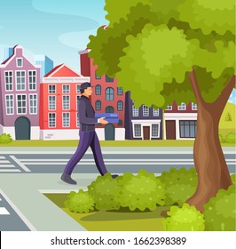 Post office workers shipping letters. Group of postmen man and woman deliver letters and parcels to the addressee, delivering correspondence. City road on background vintage building cartoon vector