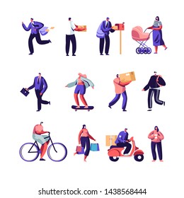 Post Office Workers Shipping Parcels and Mail, People in Polluted City Wearing Face Masks Set. Post Express Delivery Service, Air Pollution, Industrial Smog, Emission. Cartoon Flat Vector Illustration