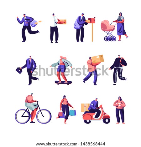 Post Office Workers Shipping Parcels and Mail, People in Polluted City Wearing Face Masks Set. Post Express Delivery Service, Air Pollution, Industrial Smog, Emission. Cartoon Flat Vector Illustration