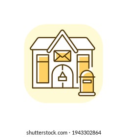 Post office yellow RGB color icon. Postal center. Mail services. Letters distribution, parcels transportation and postage stamps sale. Isolated vector illustration