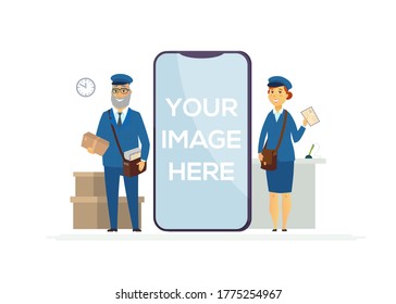 Post officers at work - cartoon people characters illustration on white background. A senior man and young woman in blue uniform holding carton parcels, letters. A smartphone with place for your image