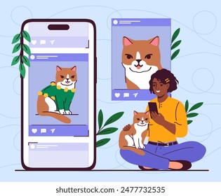 Post on social network. Young girl sitting with cat and take photo for social media. Person with content creation process. Woman posting photo of her kitten. Cartoon flat vector illustration