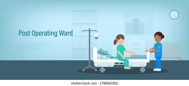 Postfach nach dem Absetzen mit Krankenschwester und Genesungspatienten im Zimmer. Flaches design, Vektorgrafik.