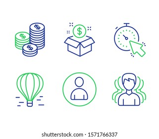 Post package, Avatar and Air balloon line icons set. Timer, Coins and Group signs. Postbox, User profile, Flight travel. Time management. Business set. Line post package outline icons. Vector