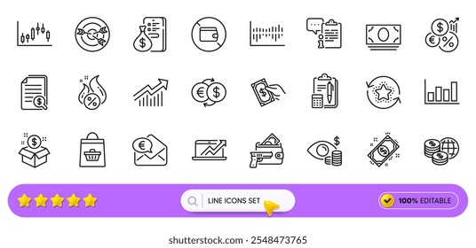 Post package, Sales diagram and Demand curve line icons for web app. Pack of Column diagram, Inflation, Payment pictogram icons. Wallet, Hot loan, World money signs. Candlestick graph. Vector