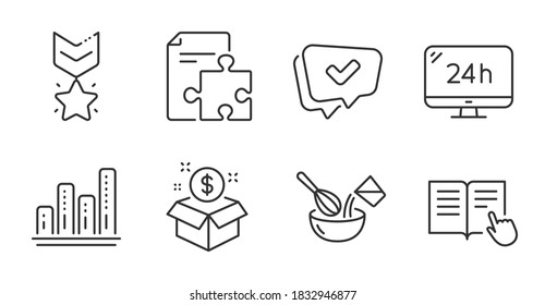 Post package, Winner medal and 24h service line icons set. Cooking whisk, Approved and Graph chart signs. Read instruction, Strategy symbols. Postbox, Ranking star, Call support. Vector