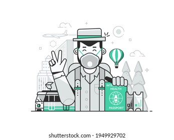 Post Pandemic Travel Concept With Tourist Holding International Health Passport. Covid Tourism Concept Depicting Traveler With Validated Immunity Certificate Document