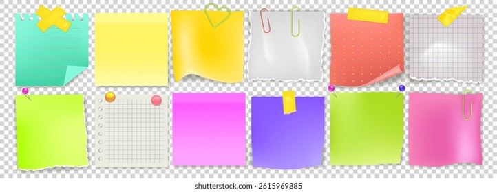 Post paper note. Sticker different colors, sticky memo with clip. Board pad label. Notice in notepad, torn page, stick message, blank sheet. Vector illustration, colorful design isolated realistic set