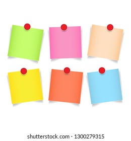 Post it paper with red pin on white background vector illustration. Green,pink,blue,yellow,orange note pad for reminding in business office.