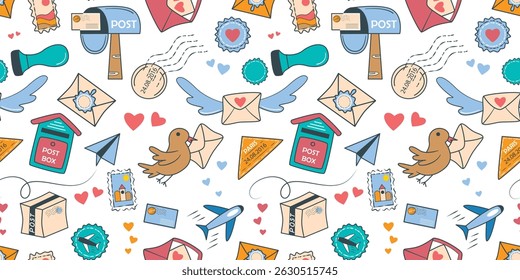 Envia encomendas postais e cartas desenhadas à mão sem emenda. Fundo com elementos coloridos - envelope, caixa de correio, carta, pacote, pombo-correio, avião, carimbo. Correio impresso, gráficos vetoriais