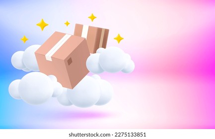 Post parcels in a sky. Mail delivery concept. 3d vector banner with copy space
