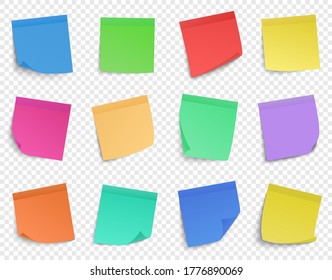 Post pin note. Paper memo notes, sticky business remind paper sheets, colorful sticker notes vector isolated icons set. Illustration colorful paper note, sticker reminder