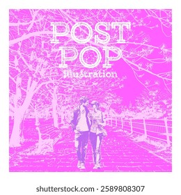 Post Pop Illustration 04. Couple in love admiring cherry blossoms. Lovers taking a stroll in park. Retro duotone effect, Vintage look, Eye-catching. Editable layered vector EPS file.