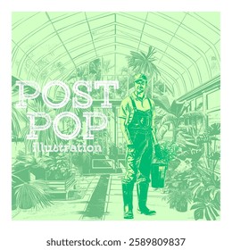 Post Pop Illustration 06: Greenhouse gardener tending to vibrant plants in lush, flourishing environment. Retro duotone effect, Vintage look, Eye-catching. Editable layered vector EPS file.