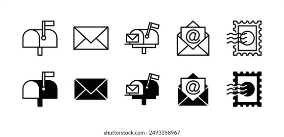 Post or postal thin line icon set. Containing mailbox, mail, email, E-mail, envelope, newsletter, electronic mail, stamps, postage, seal, and duty stamp. Vector illustration