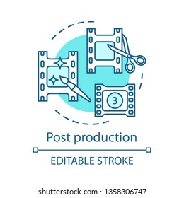 Post Production Concept Icon. Video Editing Idea Thin Line Illustration. Film Making. Motion Graphics. Director Cut. Footage Backup. Cinematography. Vector Isolated Outline Drawing. Editable Stroke