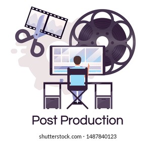 Post production flat concept icon. Videography, multimedia and filmmaking sticker, clipart. Video and movie editing. TV engineer, producer. Isolated cartoon illustration on white background