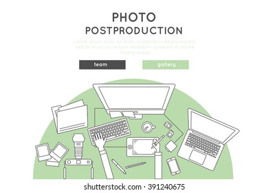 post production and photo retouch vector banner, website template design in thin line and flat style