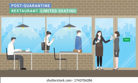 Post quarantine. Business people queue for checkpoint before enter restaurant with new normal lifestyle. Social distancing limited seating physical capacity. After pandemic of covid-19 corona virus.