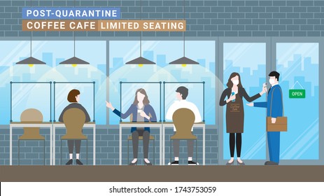 Post quarantine. Business people standing at checkpoint before enter coffee cafe with new normal lifestyle. Social distancing limited seating physical capacity. After covid-19 corona virus pandemic .