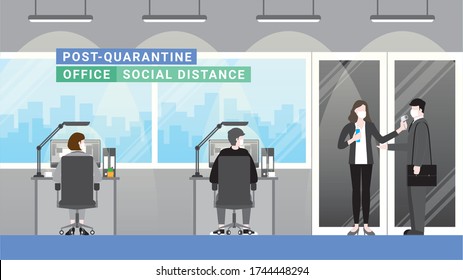 Post quarantine. Business people standing at checkpoint before enter office company new normal lifestyle. Social distancing limited seating physical capacity. After covid-19 corona virus pandemic .