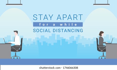 Post quarantine. Couple business people in office working on laptop. New normal lifestyle is stay apart and social distancing for a while. After pandemic of covid-19 corona virus. Flat style vector.