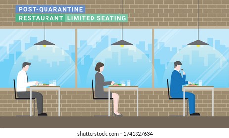 Post Quarantine. Group Of Business People Eating Meal In Restaurant Cafe With New Normal Lifestyle. Social Distancing Limited Seating Physical Capacity. After Pandemic Of Covid-19 Corona Virus.