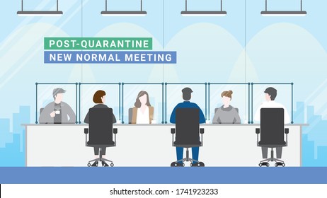 Post Quarantine. Group Of Business People Meeting In Office Conference Room With New Normal Lifestyle. Social Distancing With Plastic Screen And Sitting Away. After Pandemic Of Covid-19 Corona Virus.