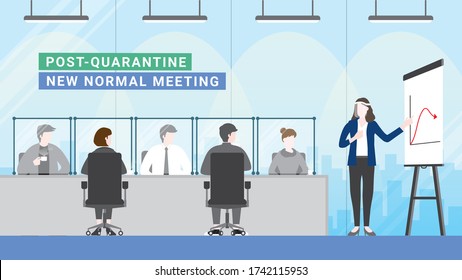 Post Quarantine. Group Of Business People Meeting In Office Conference Room With New Normal Lifestyle. Social Distancing With Plastic Screen And Sitting Away. After Pandemic Of Covid-19 Corona Virus.