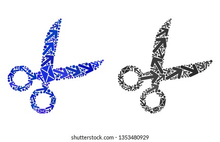 Post scissors icon collage of envelopes and arrows with blue color. Abstract vector scissors illustration is  with mail motion symbols. Flat design for correspondence motion posters.