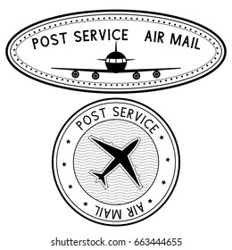 Post Service Air Mail Stamp With Airplane Black Icons. Vector Illustration Isolated On White Background