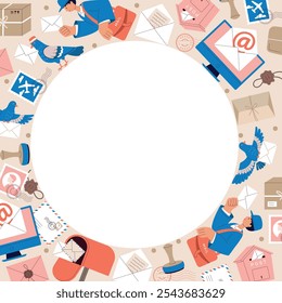 post service. circle shape background with postal envelope email items postman and delivery doves