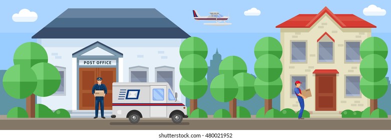 Post service composition with employee near mail office and delivery of order by destination vector illustration   