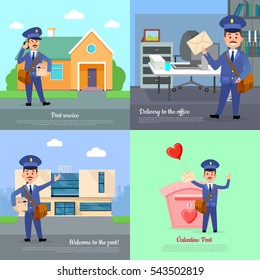 Post service of delivery to the office. Welcome Valentine post. Set of postman character vector courier occupation carrier. House, office box. Cartoon style. Flat design. Vector