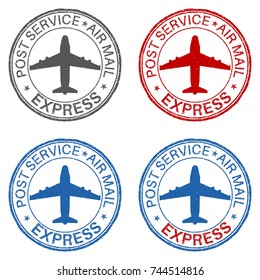 Post service EXPRESS postmark with airplane sign. Collection of colored stamps. Vector illustration isolated on white background
